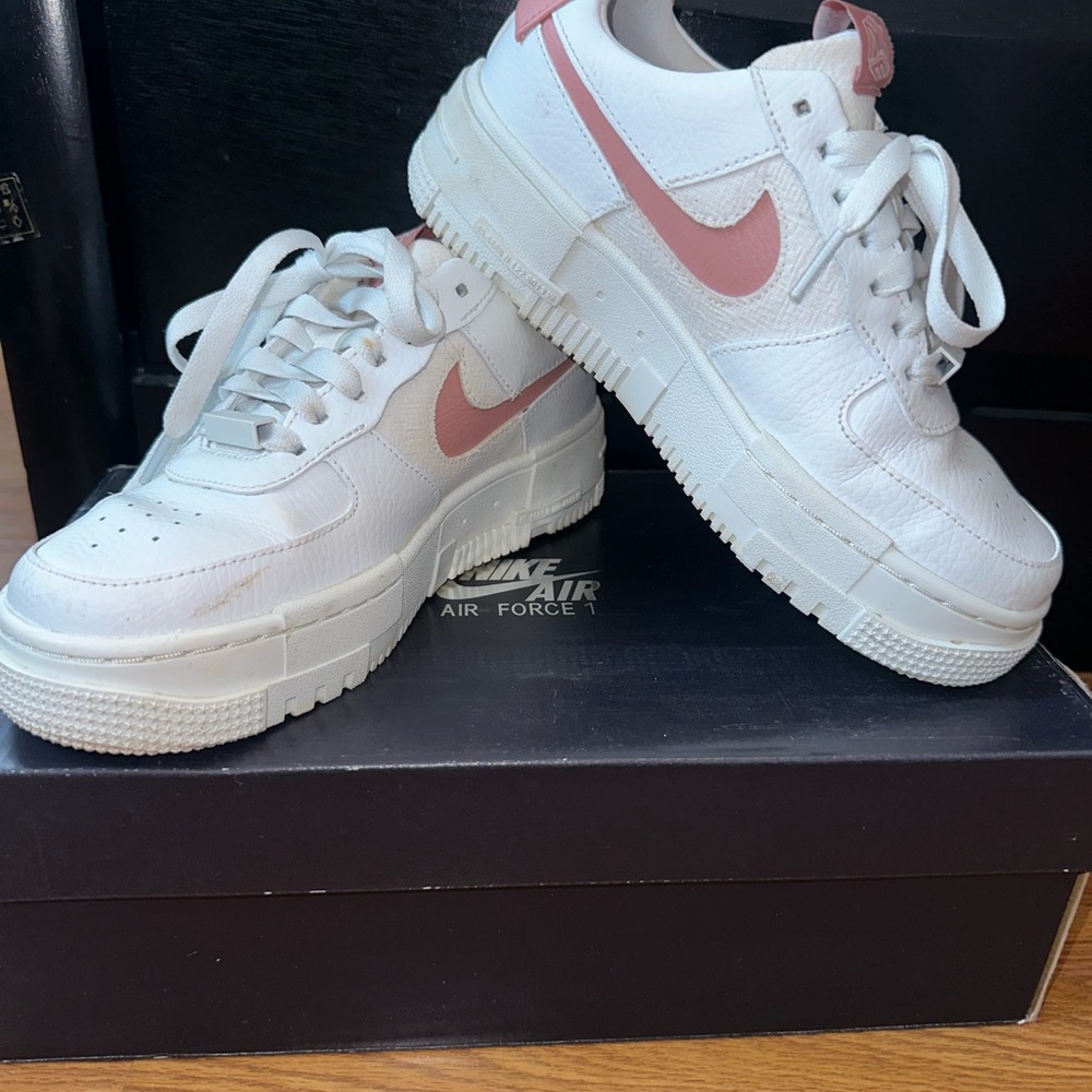 Nike White and Pink Air Force 1 Sneakers Classic Design